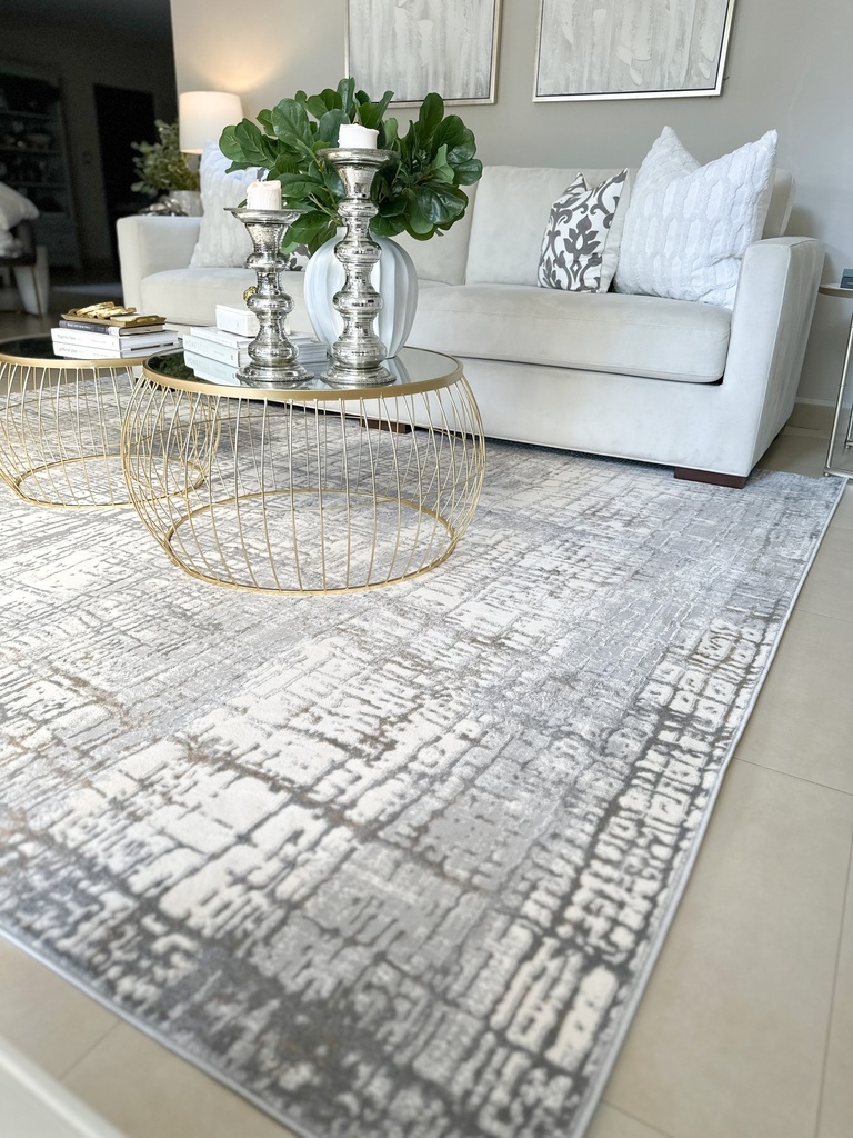 Alfombra Rush dorada, gris y crema