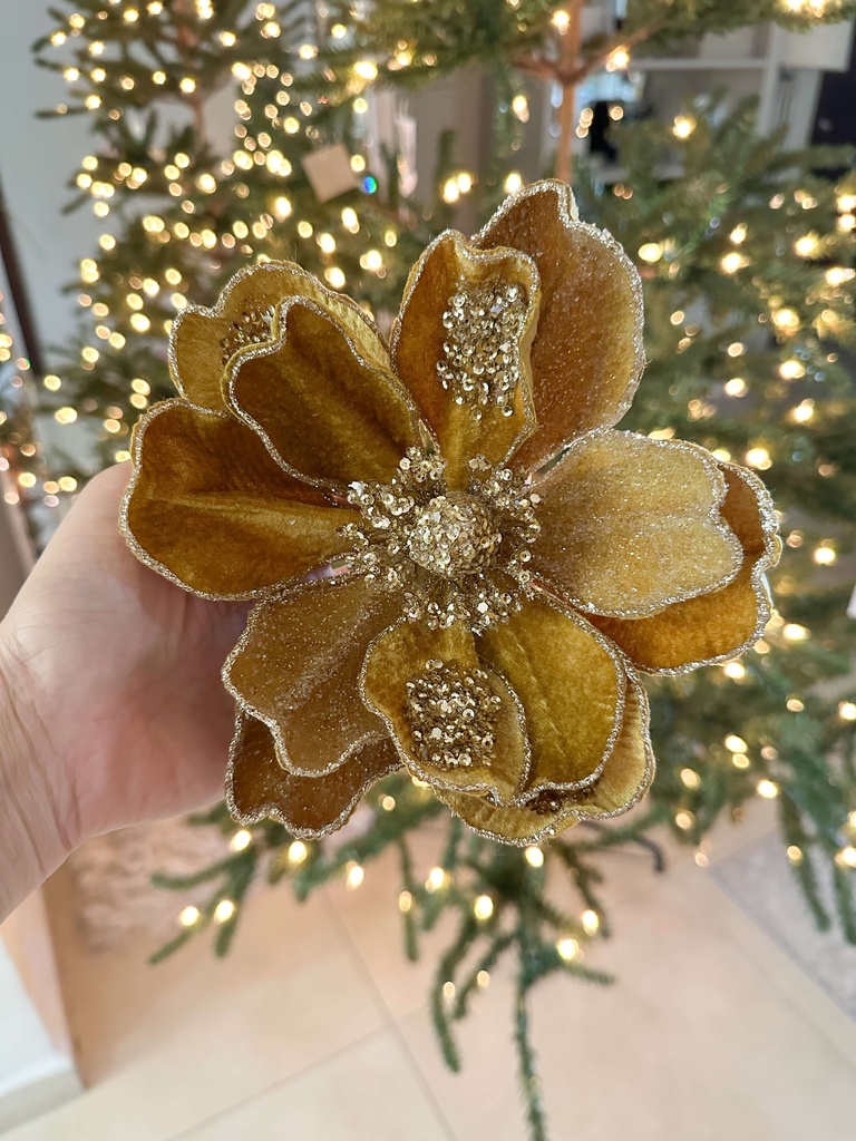 Magnolia velvet dorada mostaza con lentejuelas