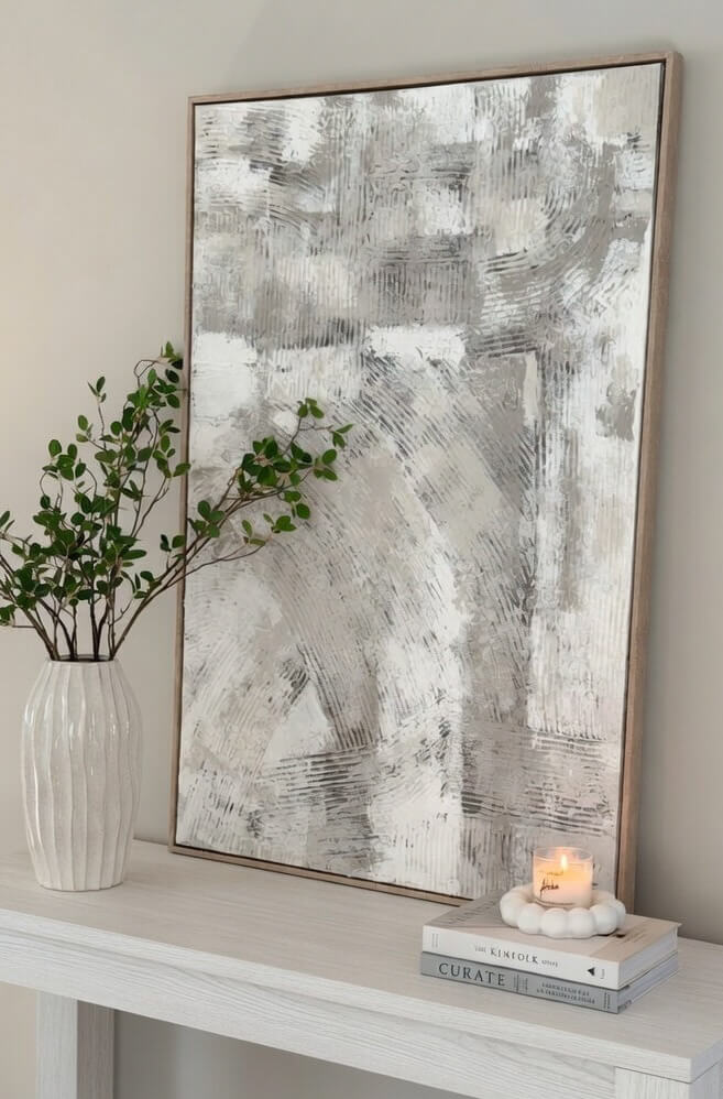 Cuadro abstracto gris, crema y blanco